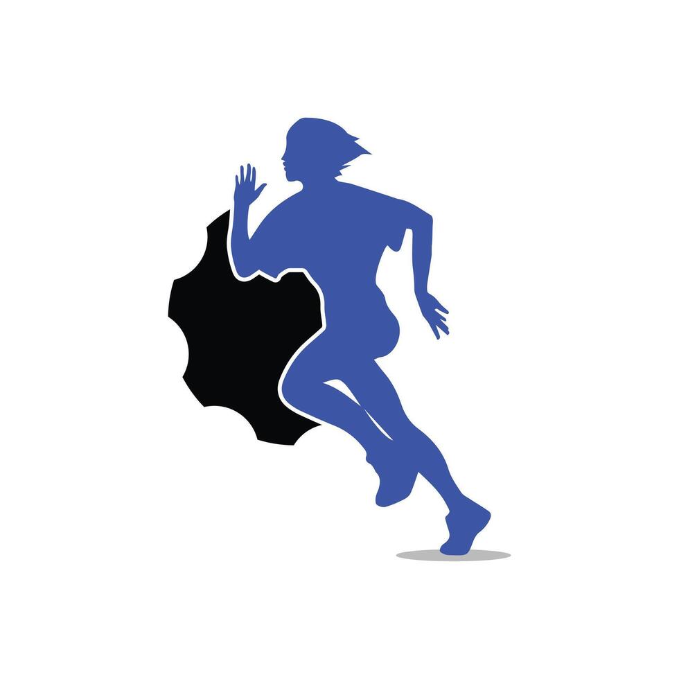 Running woman side view. vector illustration. with the icon of gear cog black and blue color.