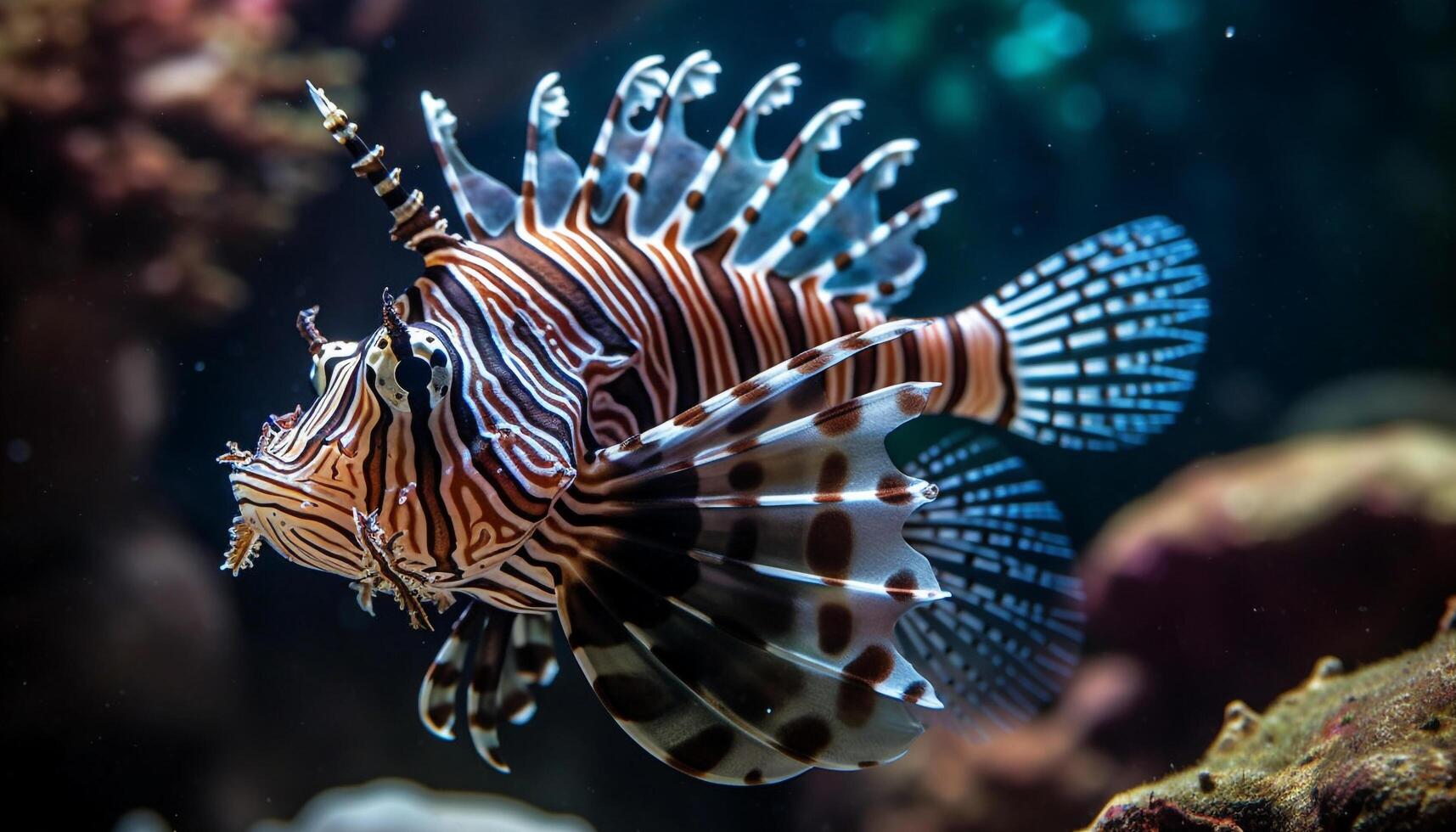 Vibrant lionfish swims in multi colored coral reef generated by AI photo