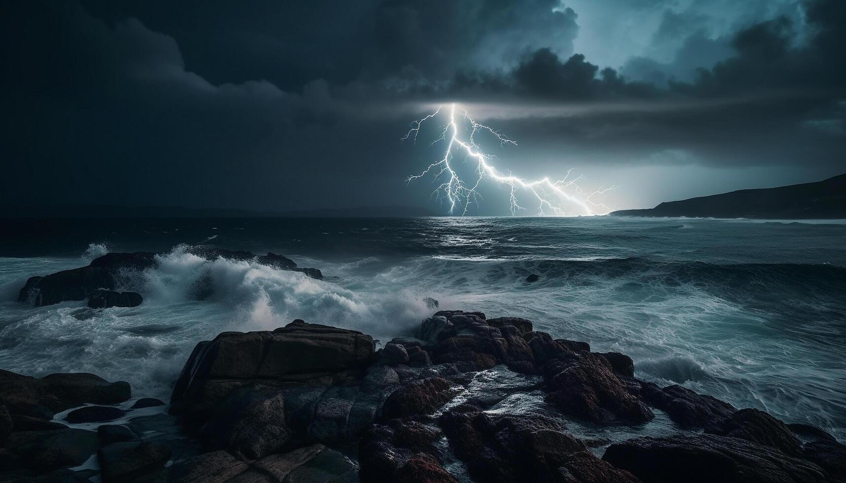Dramatic sky, crashing waves, wet coastline, awe inspiring beauty generated by AI photo