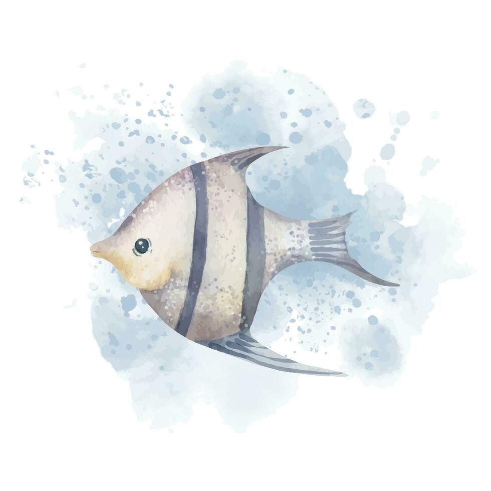Angelfish with watercolor Splash. Hand drawn illustration of angel Fish on isolated white background. Sketch of underwater fauna in blue colors. Tropical exotic undersea animal for icon or logo vector