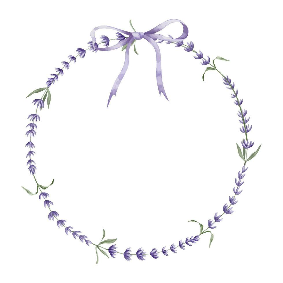 Lavender Wreath. Hand drawn watercolor floral circle Frame on white isolated background. Illustration of Lavandula border. Template for greeting cards or wedding invitations with Provence herbs vector