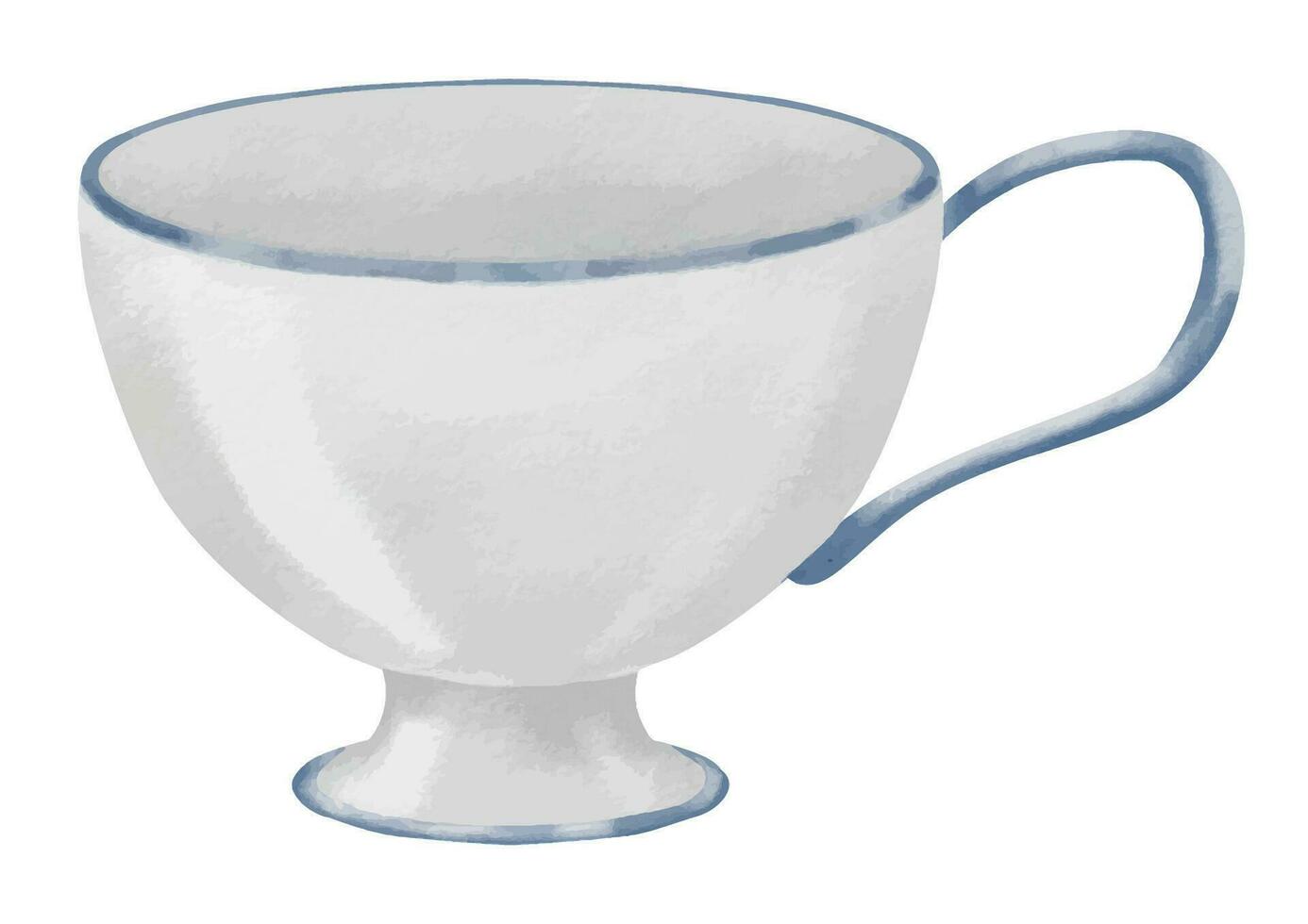 Empty porcelain white Cup for tea or coffee. Hand drawn watercolor illustration of vintage teacup on white isolated background. drawing of ceramic retro Mug for beverage. Sketch of traditional saucer vector
