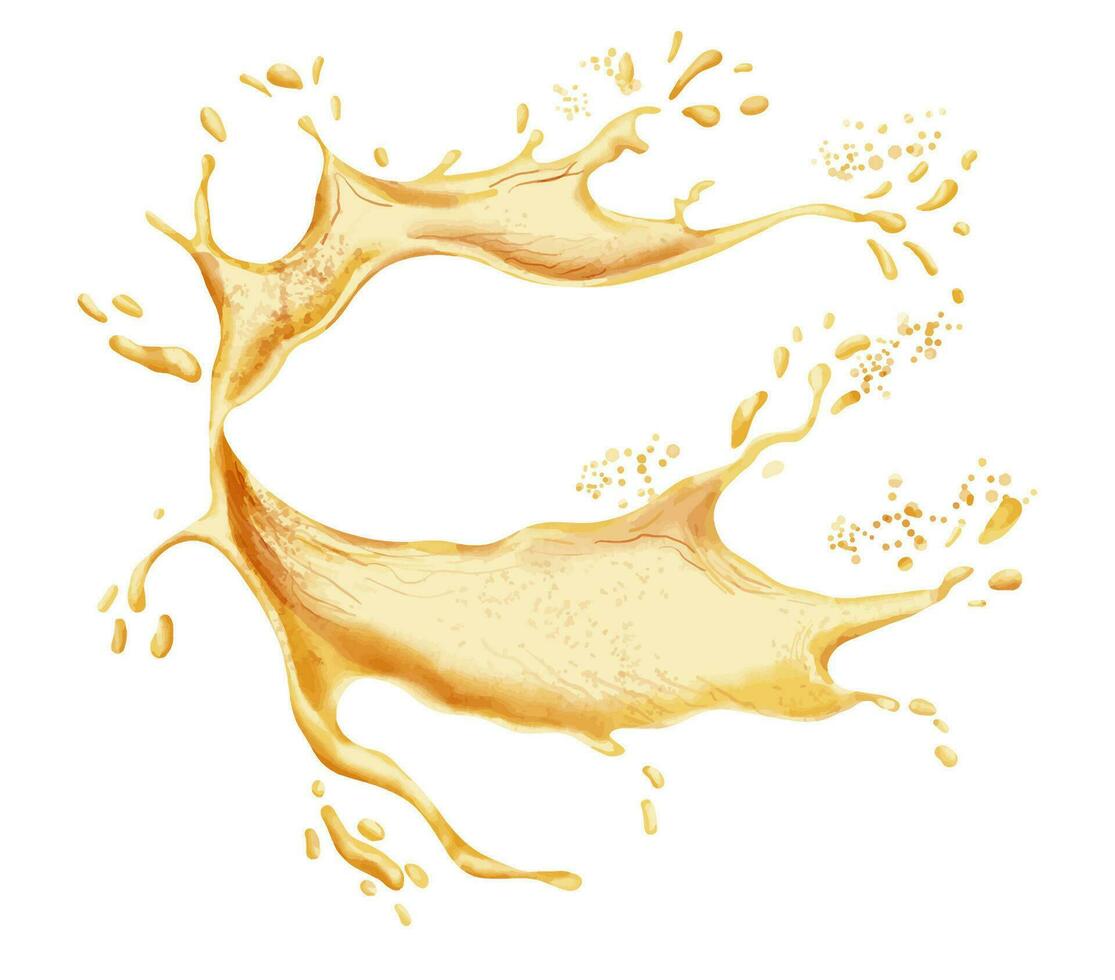 Orange Juice Splash. Hand drawn watercolor illustration with wave transparent spot of Fruit Beverage. Abstract motion with drops of summer drink for product label or any design. Flowing yellow water vector