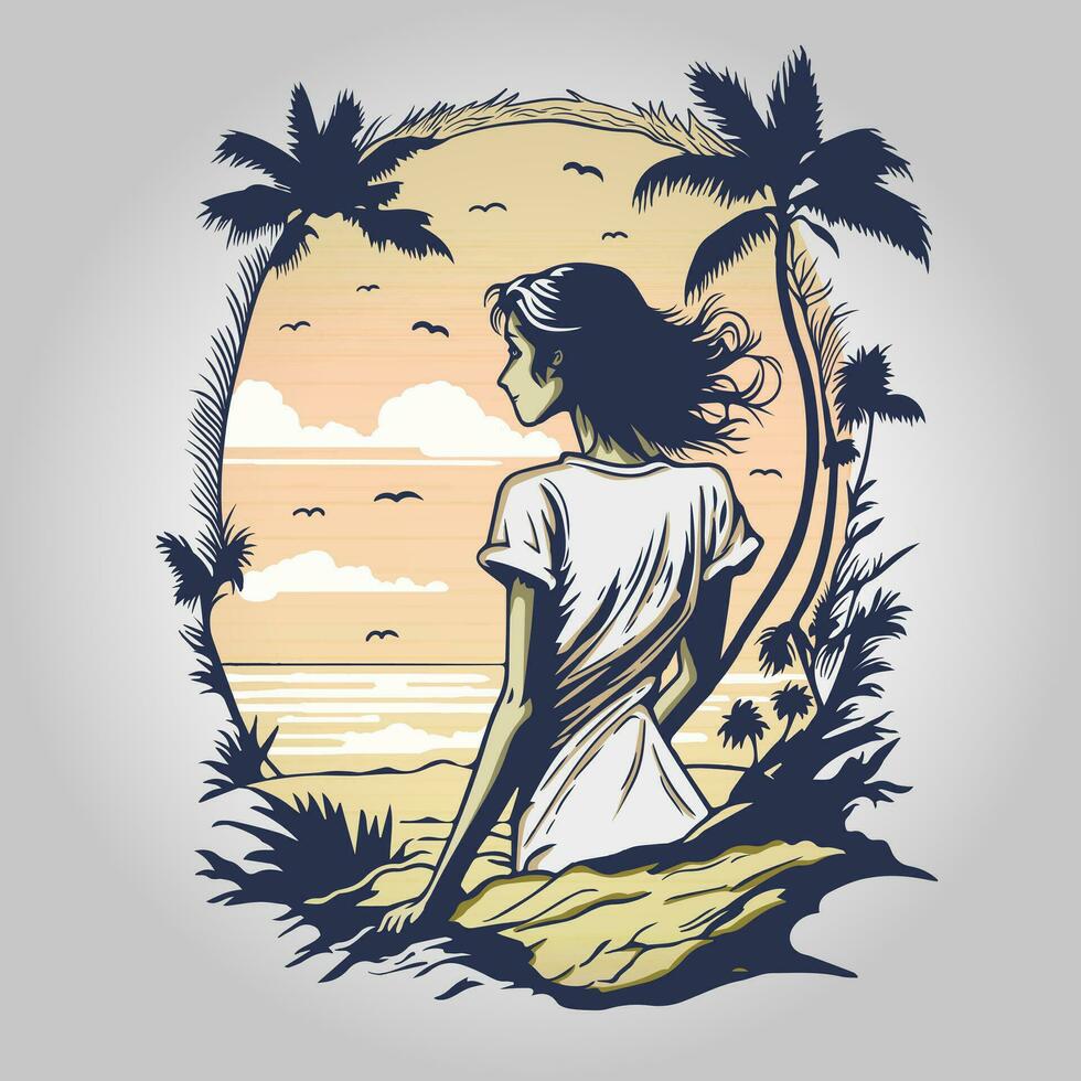 hermosa mujer silueta en el playa verano hora ilustración vector