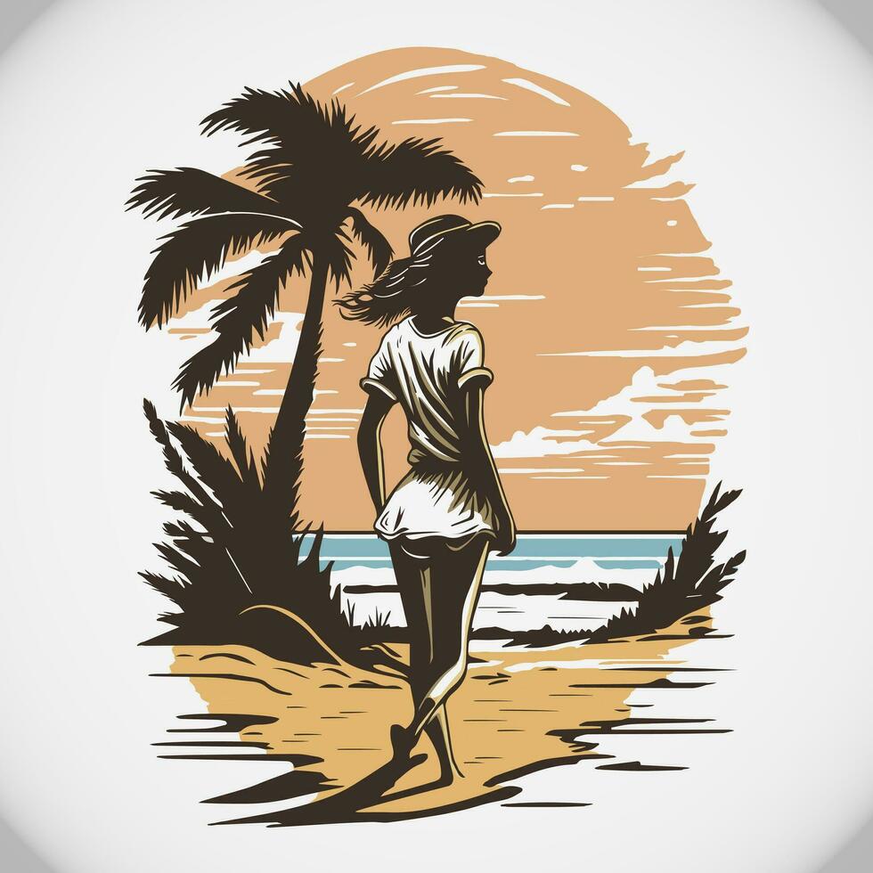 bonito niña caminando en playa a puesta de sol playa verano ilustración vector