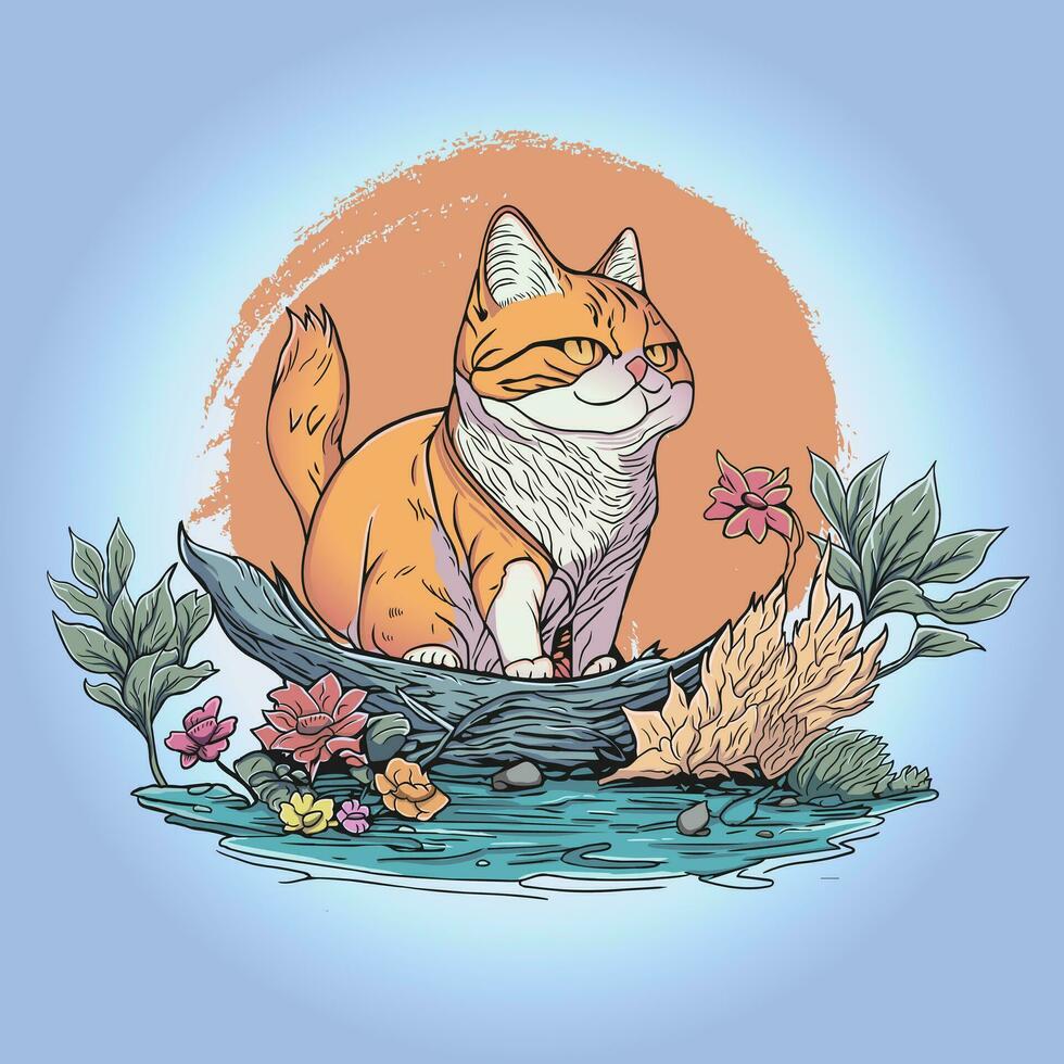 Pretty Cat in Garden of Flowers Vector Illustration