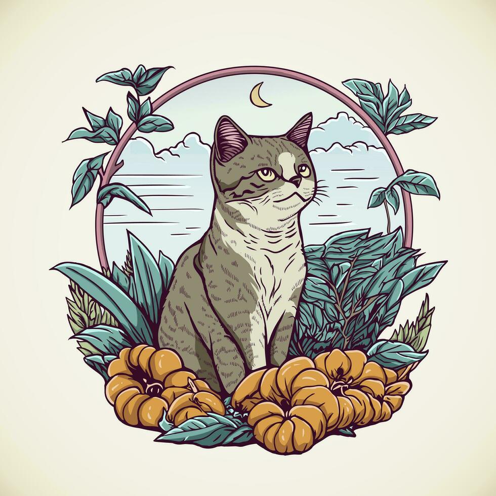 Beautiful Cute Cat Sit in the Park Full of Flower Illustration vector