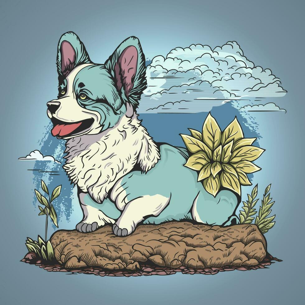 Inu Corgi Beautiful Puppy Dog in Summer and Flower Vector