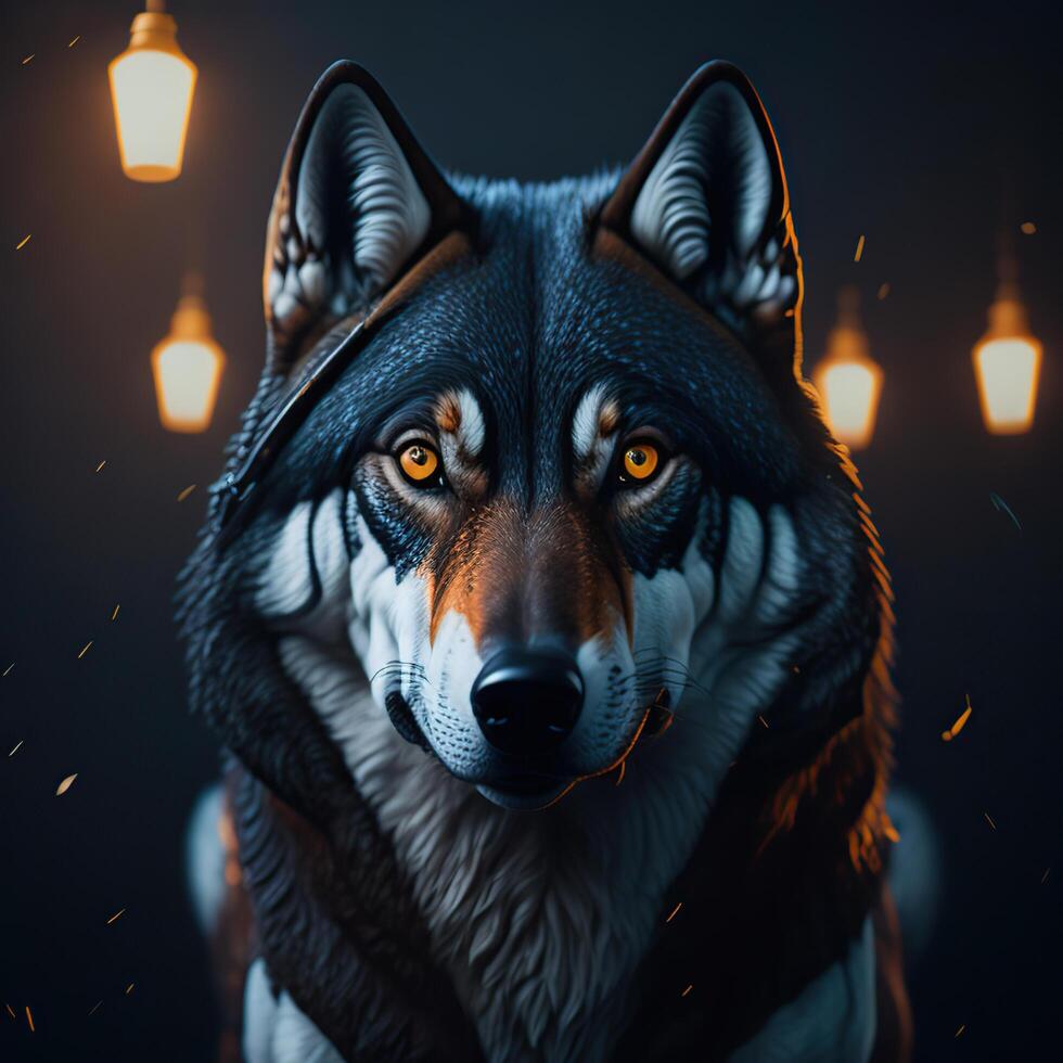 wolf in the night potrait with lantern on the background, photo