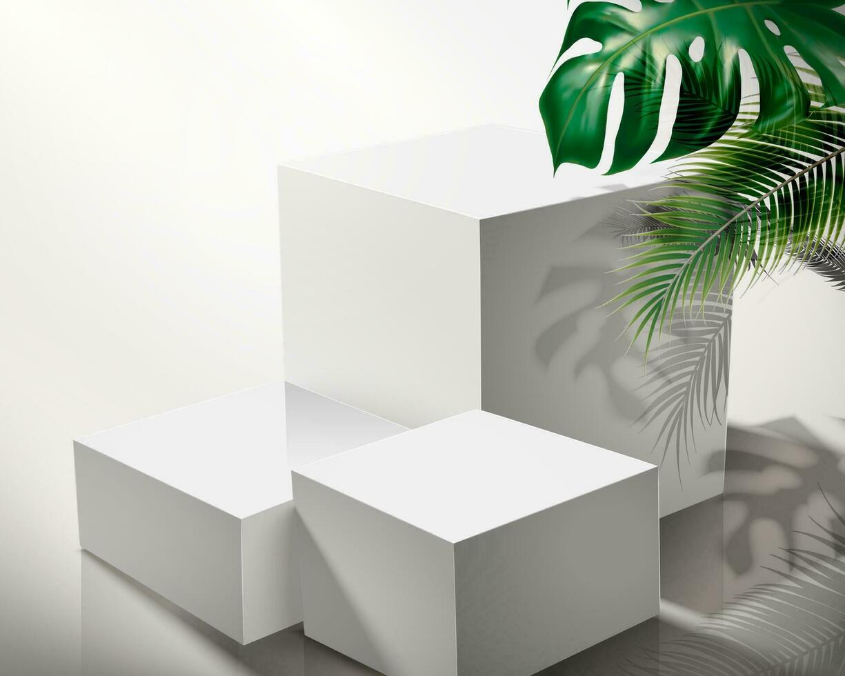 moderno blanco cuadrado etapa con tropical hojas en 3d ilustración vector