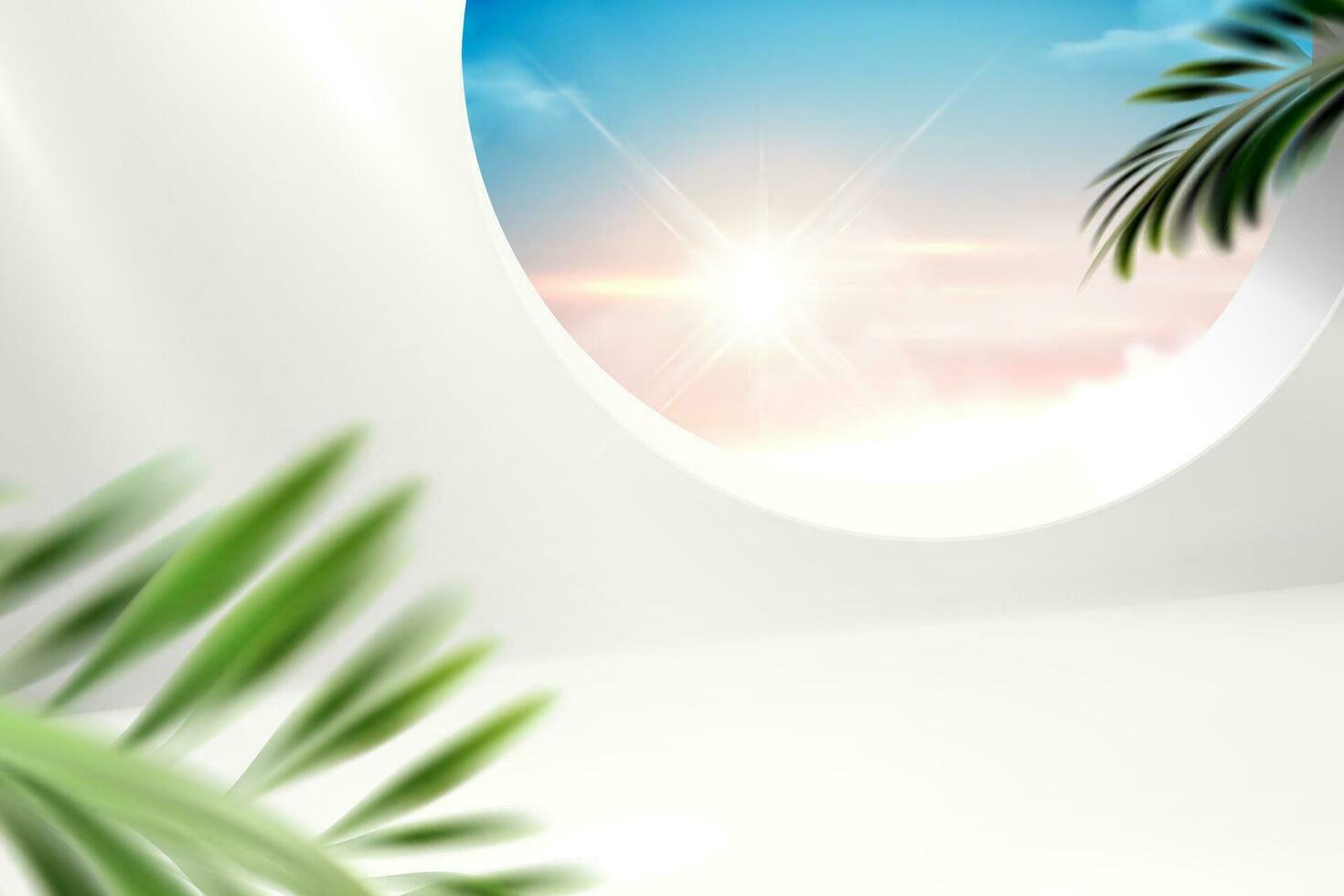 Modern white wall with round window and tropical leaves in 3d illustration vector