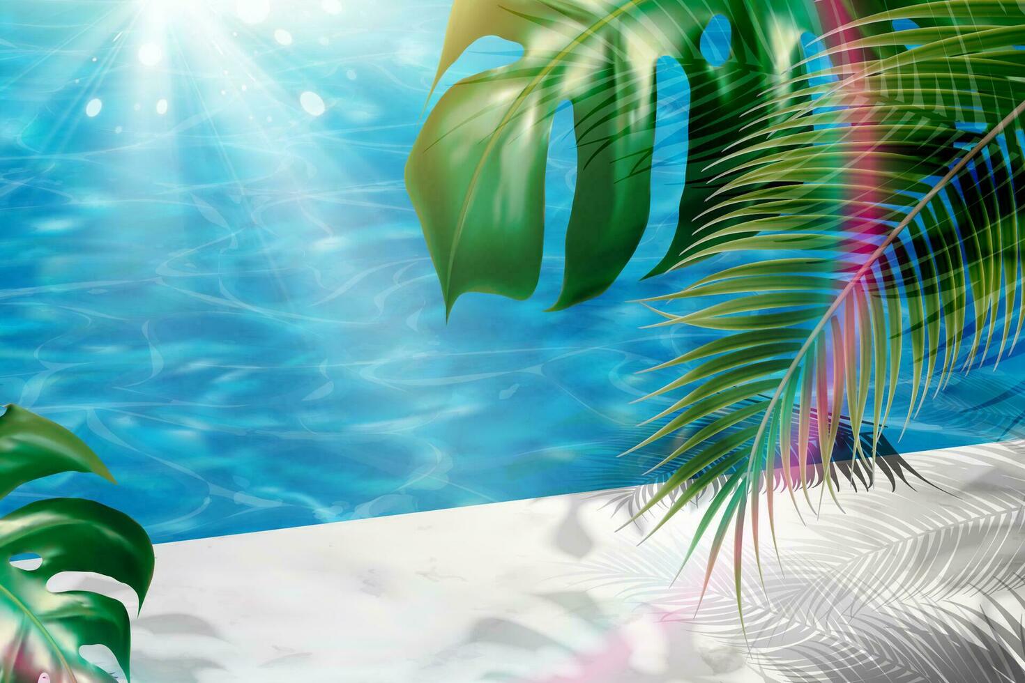 Summer tropical leaves and swimming pool background in 3d illustration vector