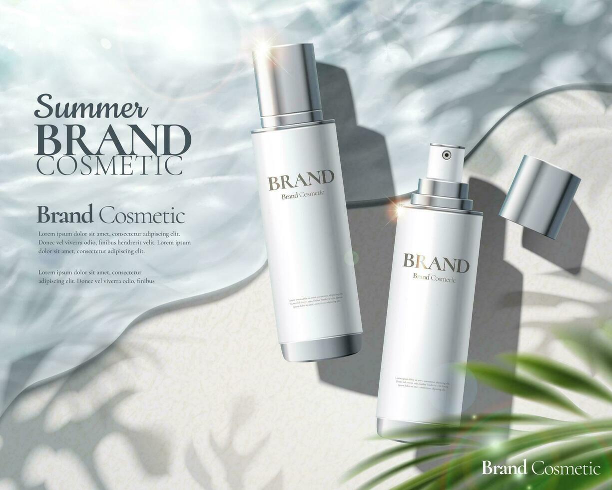 Moisturizing skincare spray ads with products laying on beautiful beach in 3d illustration vector