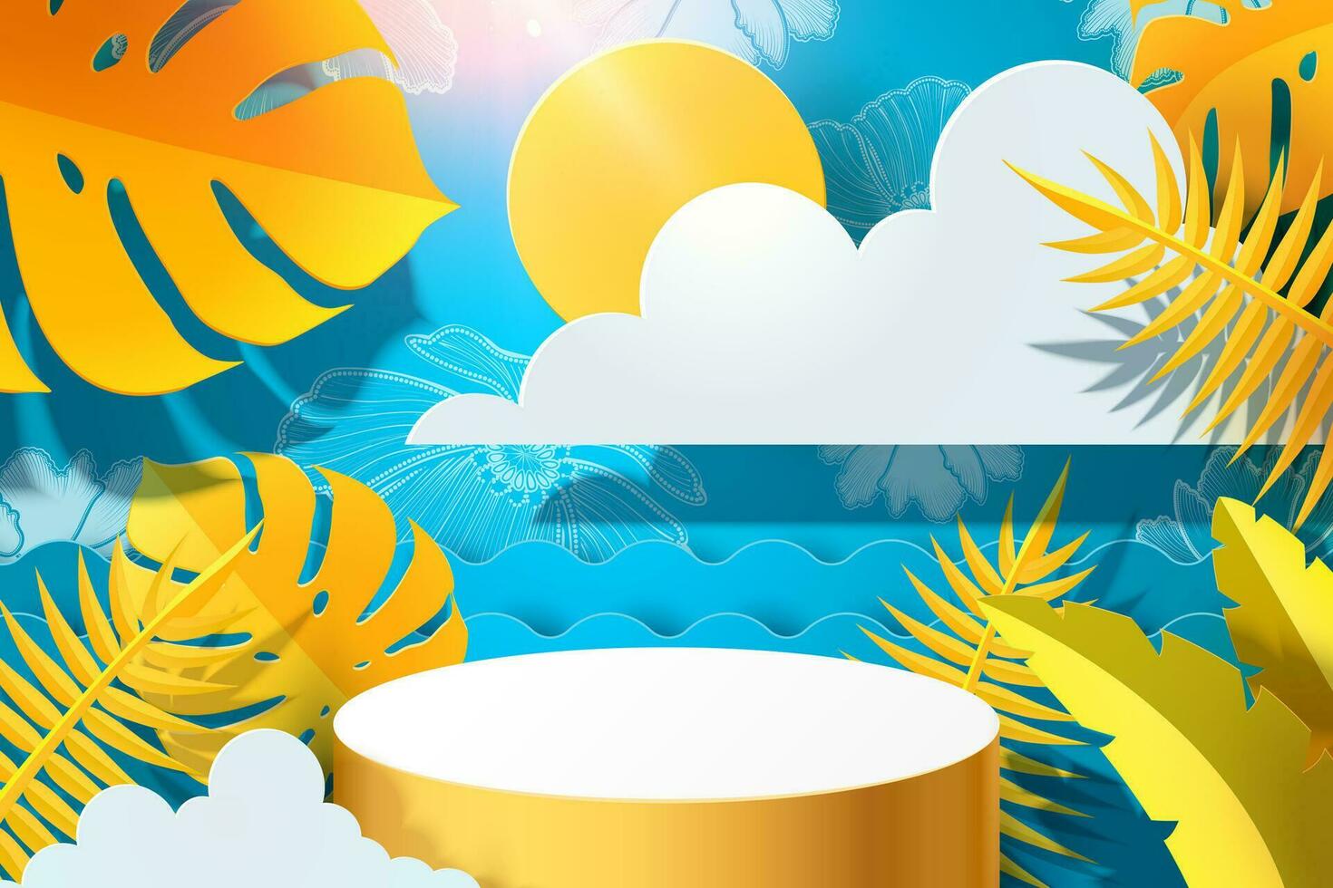 Paper art tropical foliage background with cylinder in yellow and blue tone, 3d illustration vector