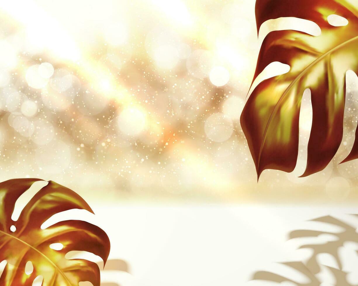 Golden tropical leaves on glittering background in 3d illustration vector