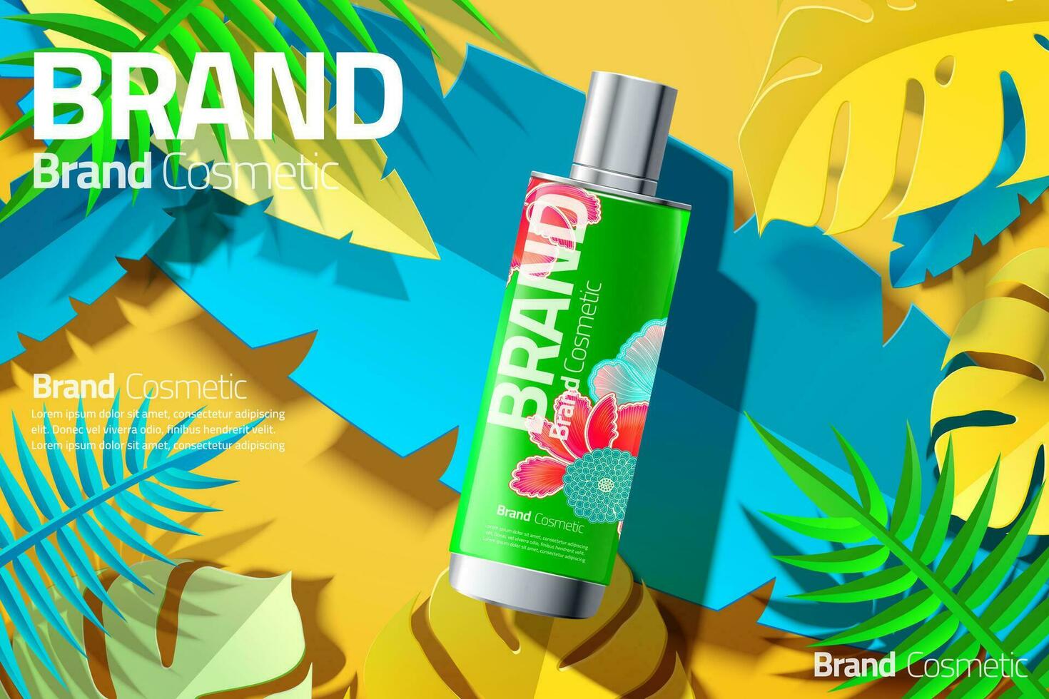 Cosmetic skincare ads with spray bottle laying on tropical paper leaves in 3d illustration, yellow and green tone vector