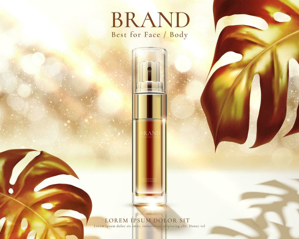 Cosmetic spray bottle ads on golden glittering bokeh background with foliage in 3d illustration vector