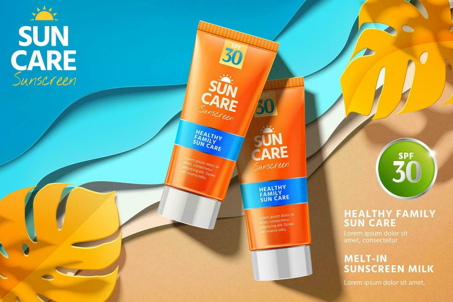 Orange sunscreen ads with product laying on beautiful paper beach in 3d illustration vector