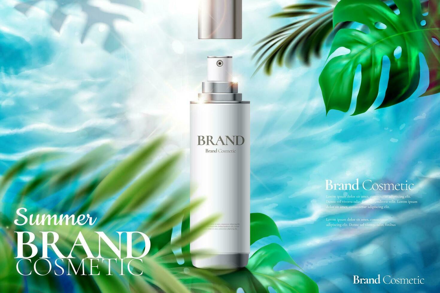Cosmetic spray bottle ads on tropical foliage and swimming pool background in 3d illustration vector