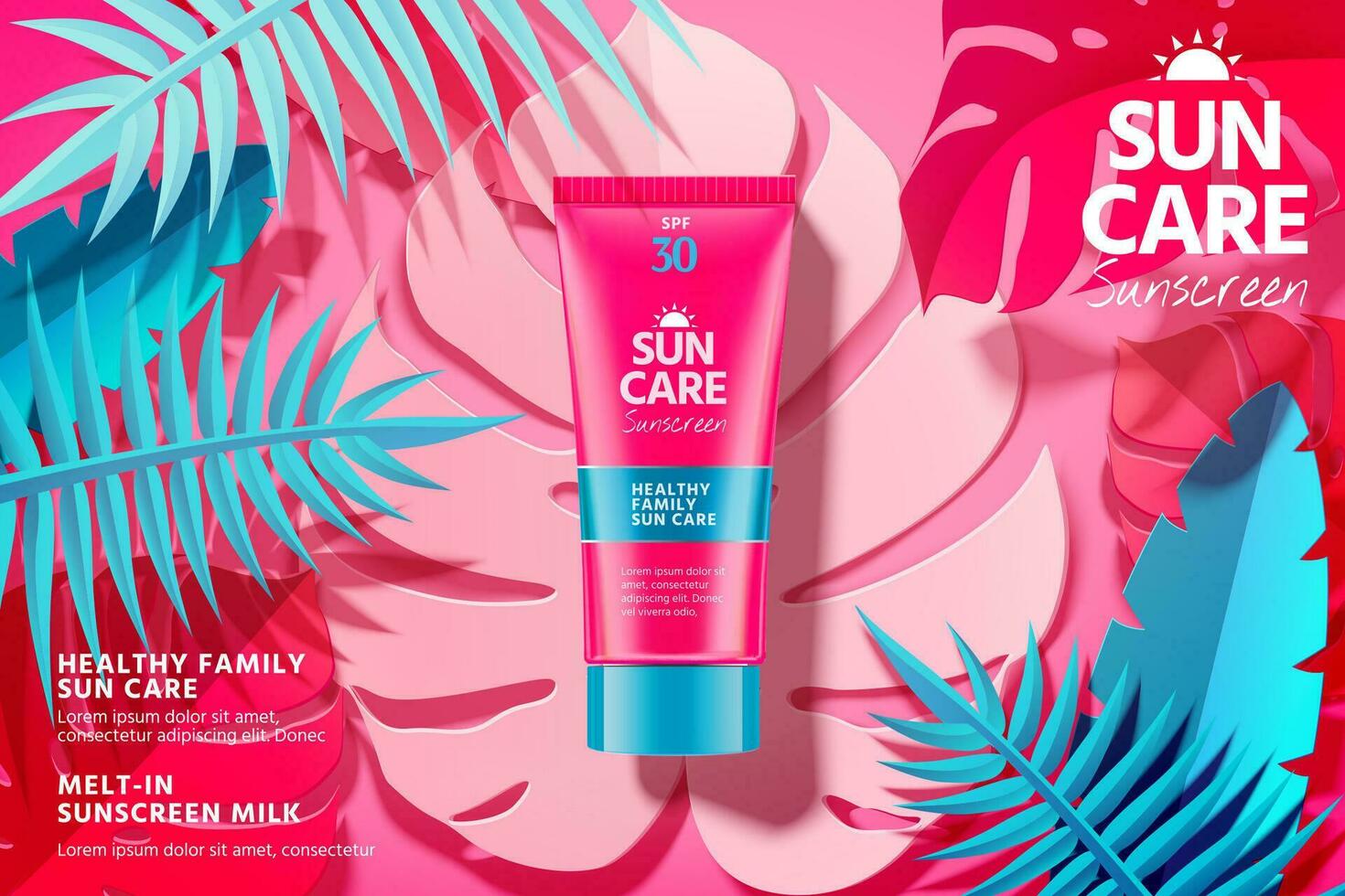 Summer sunscreen ads with product laying on tropical paper leavesin 3d illustration, fuchsia and blue tone vector