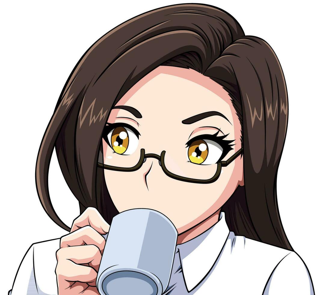 anime niña Bebiendo café en blanco vector