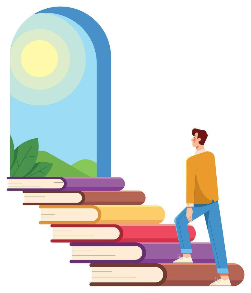 Man Climbing Book Stairs on White vector