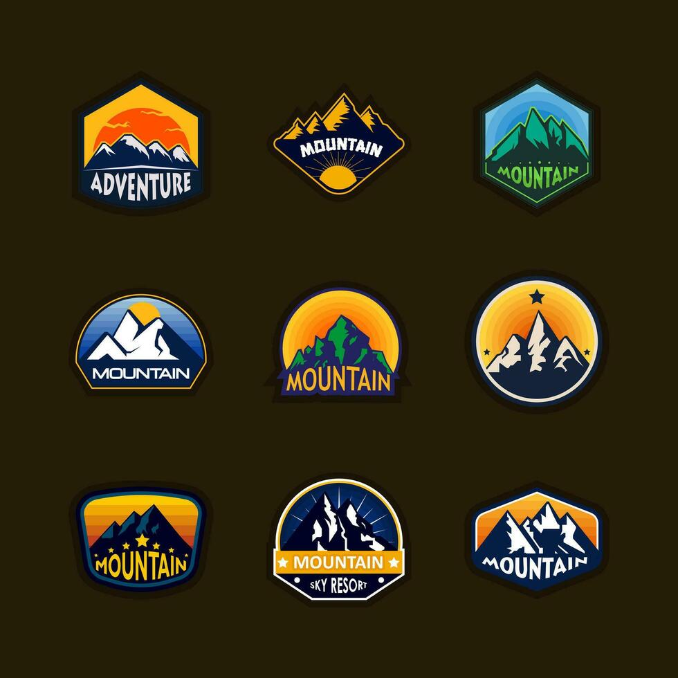 Set of nine mountain travel emblems. Camping outdoor adventure emblems, badges and logo patches. vector illustration