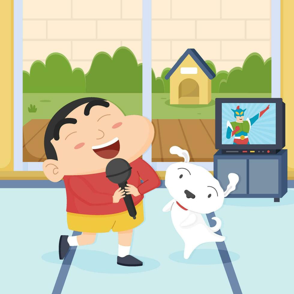 Funny Kindergarten Boy Singing with Dog Concept vector