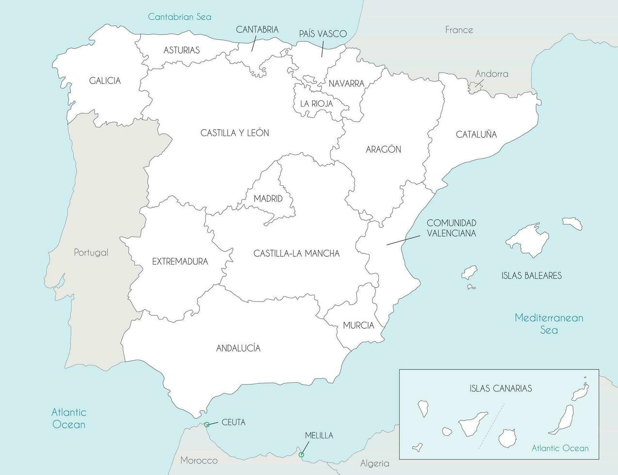 vector blanco mapa de España con regiones y territorios y administrativo  divisiones, y vecino países. editable y claramente etiquetado capas.  24794433 Vector en Vecteezy