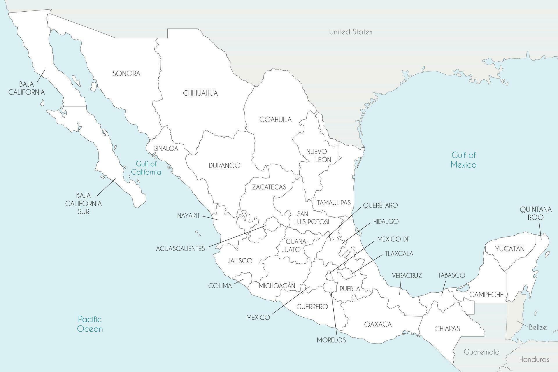 Vector map of Mexico with regions or states and administrative divisions, and neighbouring