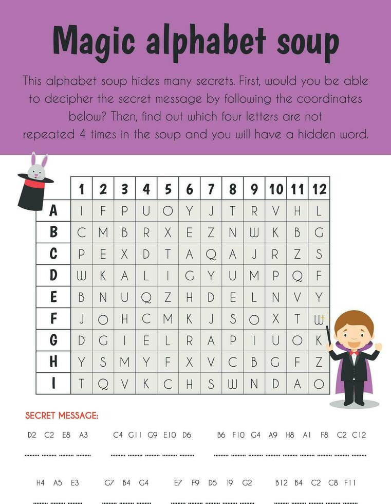 Alphabet soup code Educational Sheet. Primary module for Spacial Understanding. 5-6 years old. Educational Sheets Series vector