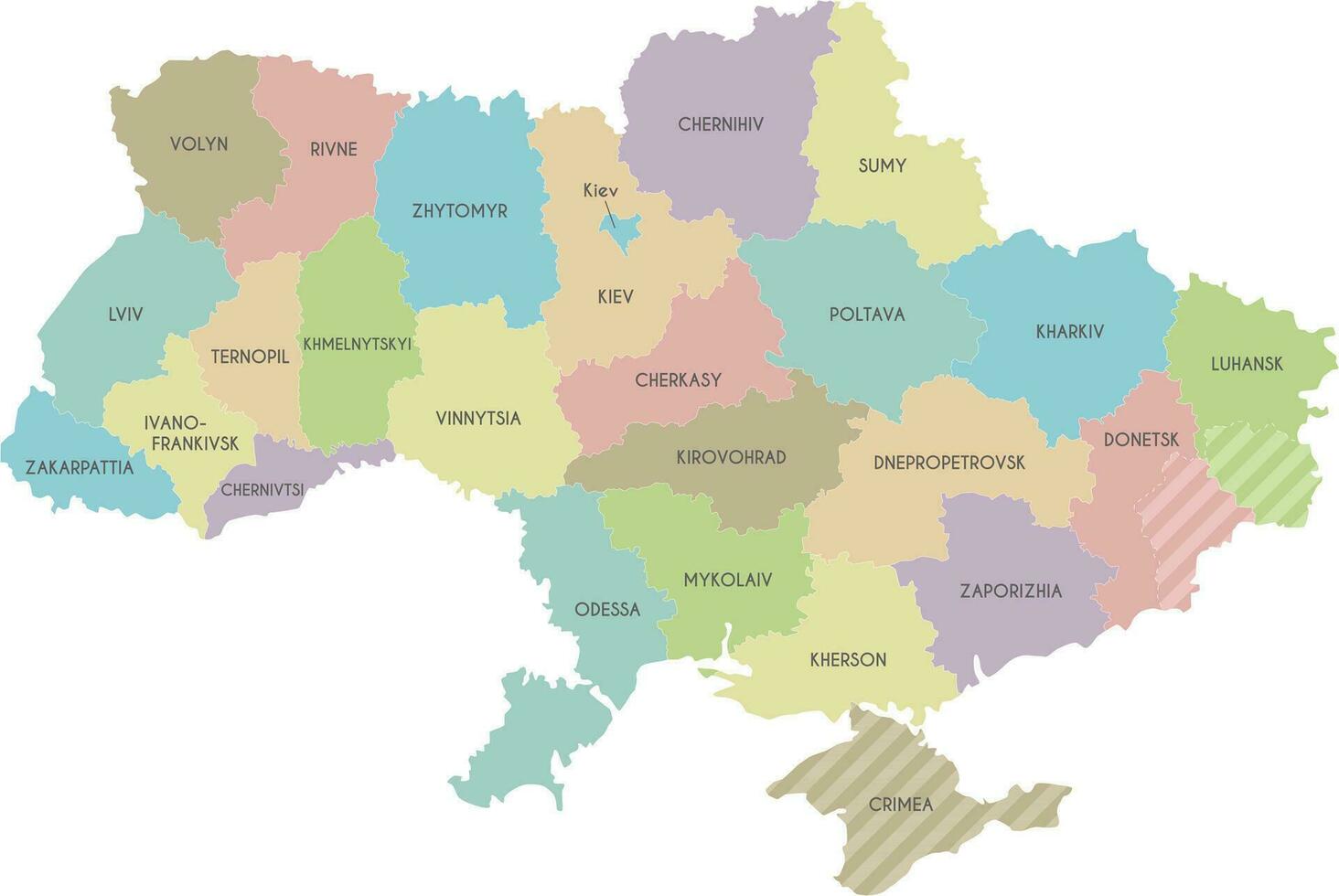 Map of Ukraine with regions, administrative divisions and territories claimed by Russia. Editable and clearly labeled layers. vector