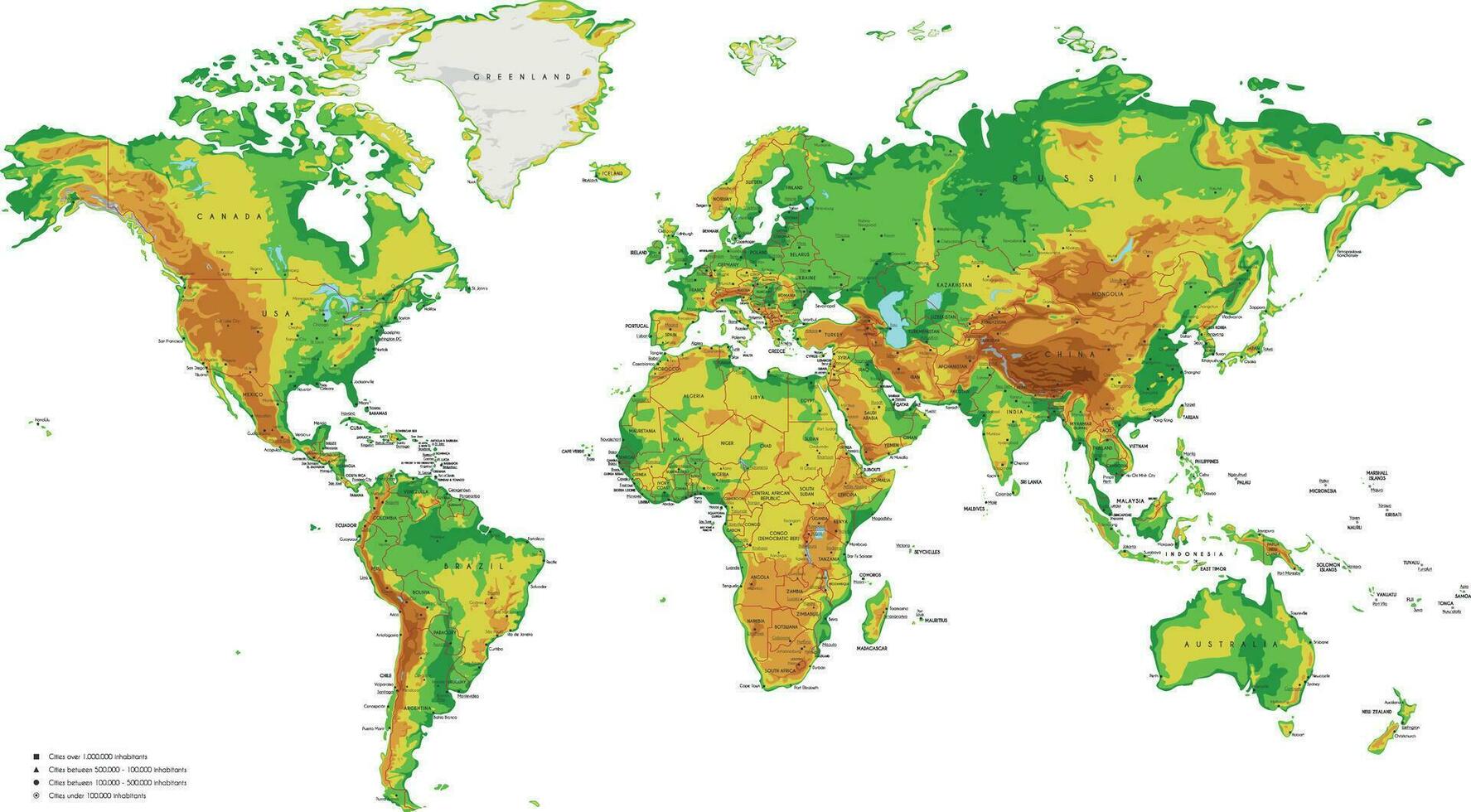 Physical World Map vector illustration with cities, countries and international borders