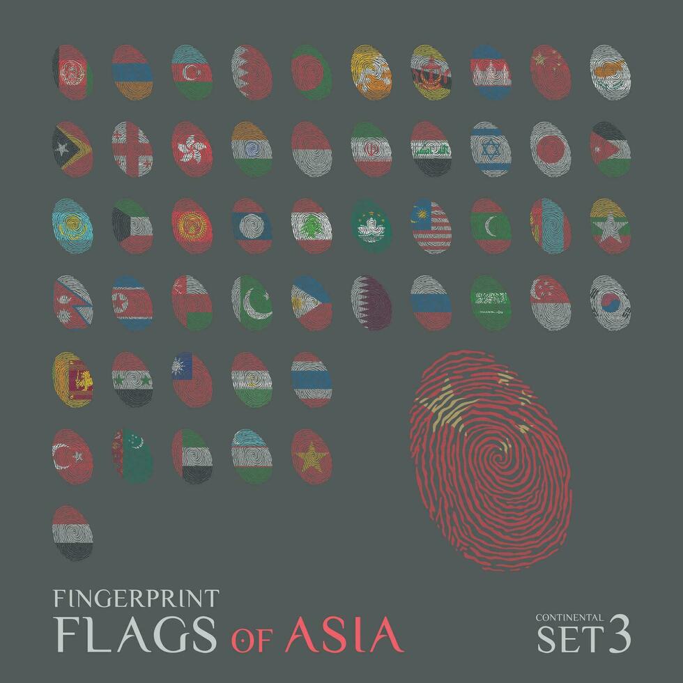 Set of 51 fingerprints colored with the national flags of the countries of Asia. Icon set Vector Illustration.