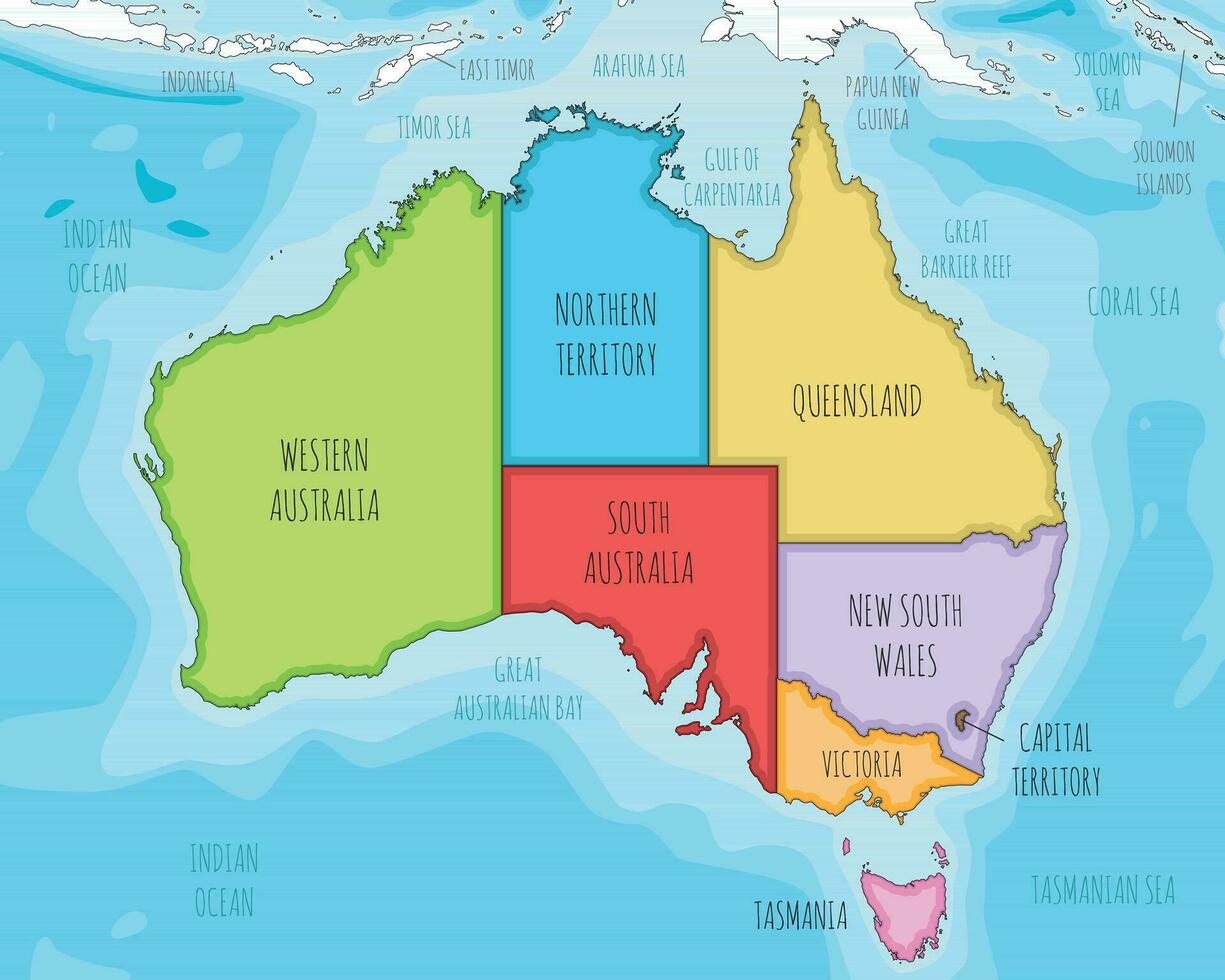 Vector illustrated map of Australia with regions and administrative divisions, and neighbouring countries and territories. Editable and clearly labeled layers.
