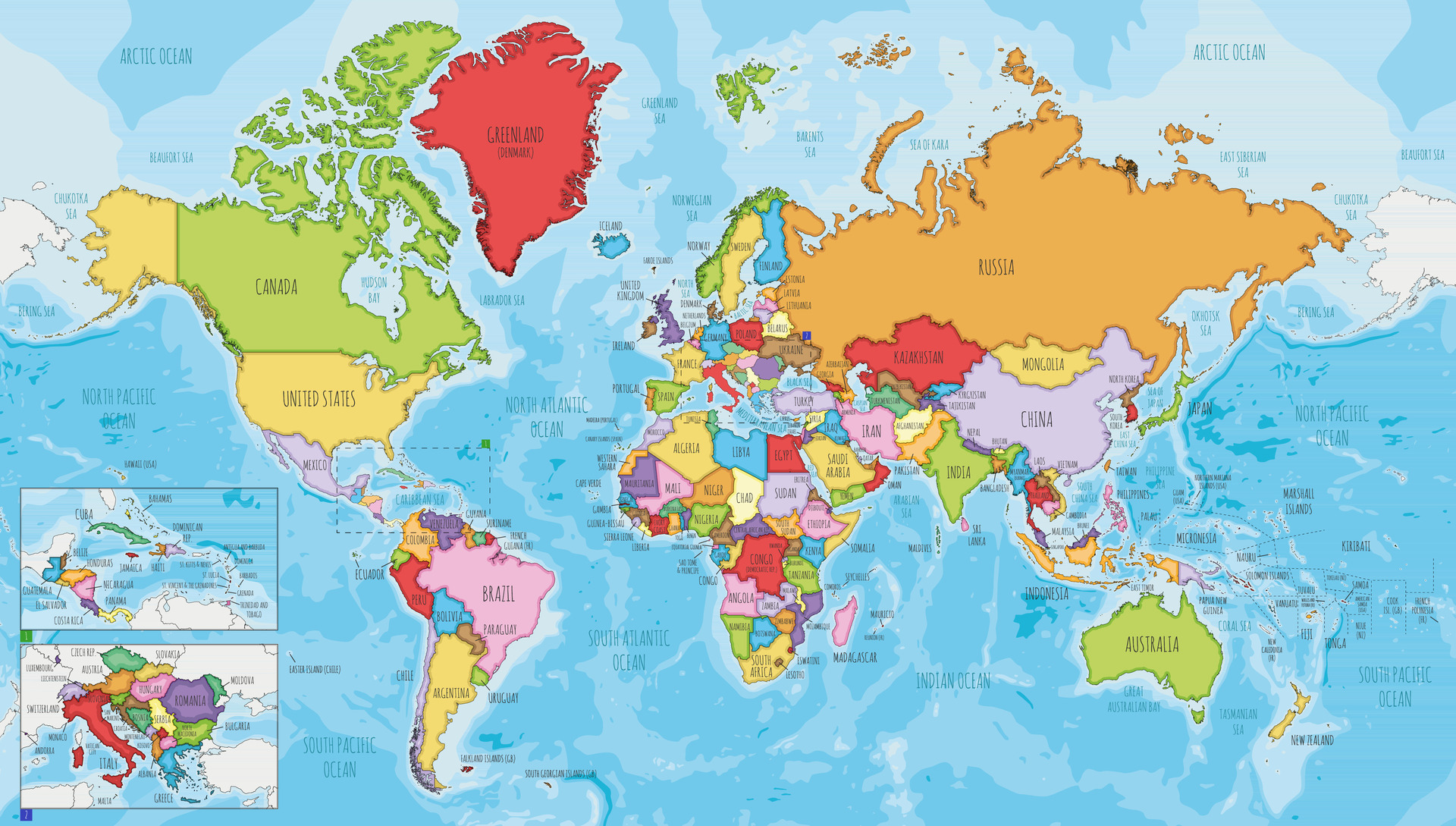 Highly detailed world map vector illustration with different colors for