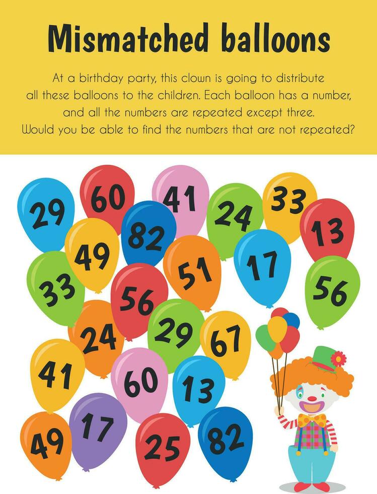 Mismatched balloons Educational Sheet. Primary module for Attention and Perception. 5-6 years old. Educational Sheets Series vector