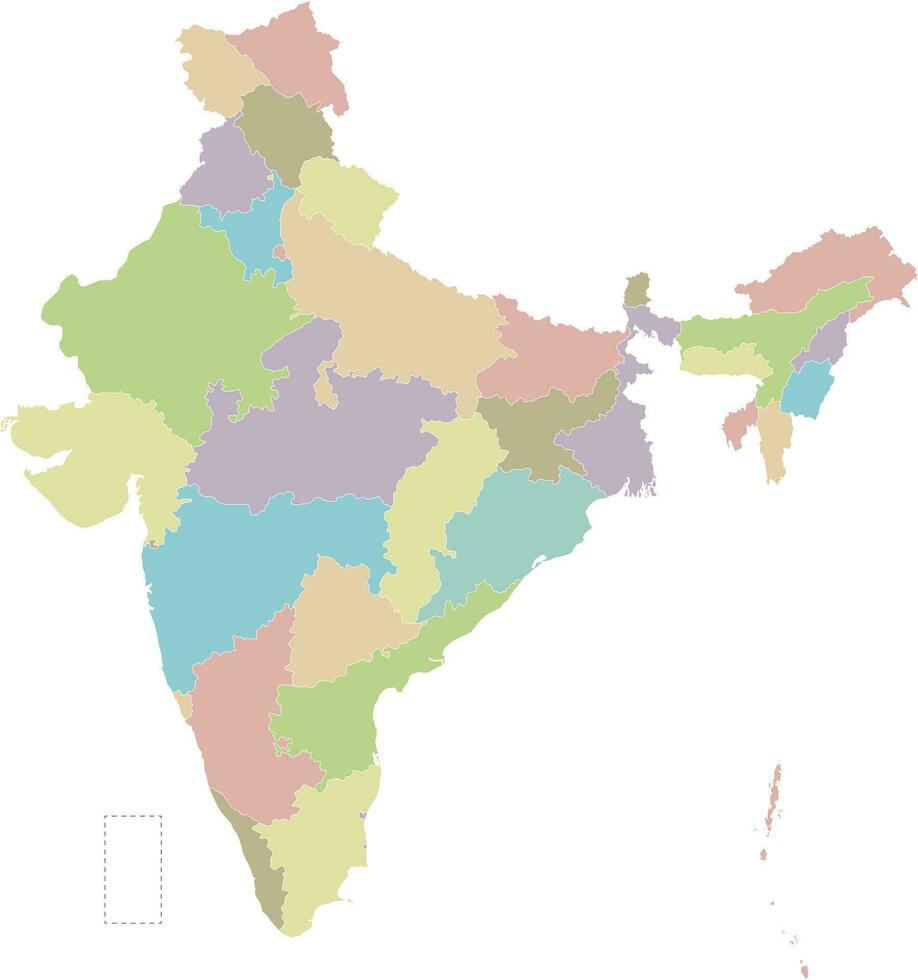 Vector blank map of India with states and territories and administrative divisions. Editable and clearly labeled layers.