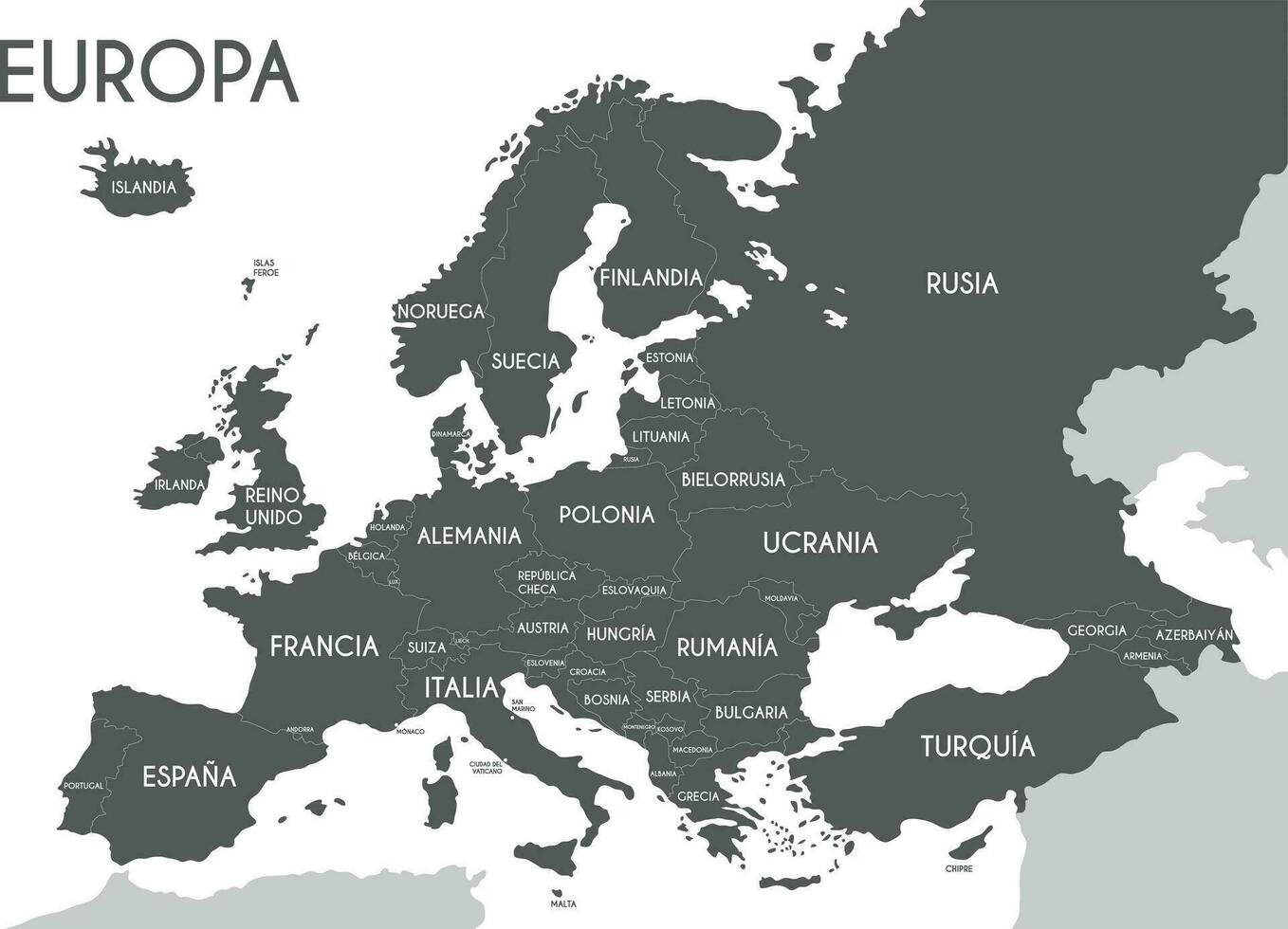 Political map of Europe in gray color with white background and the names of the countries in Spanish. Vector illustration