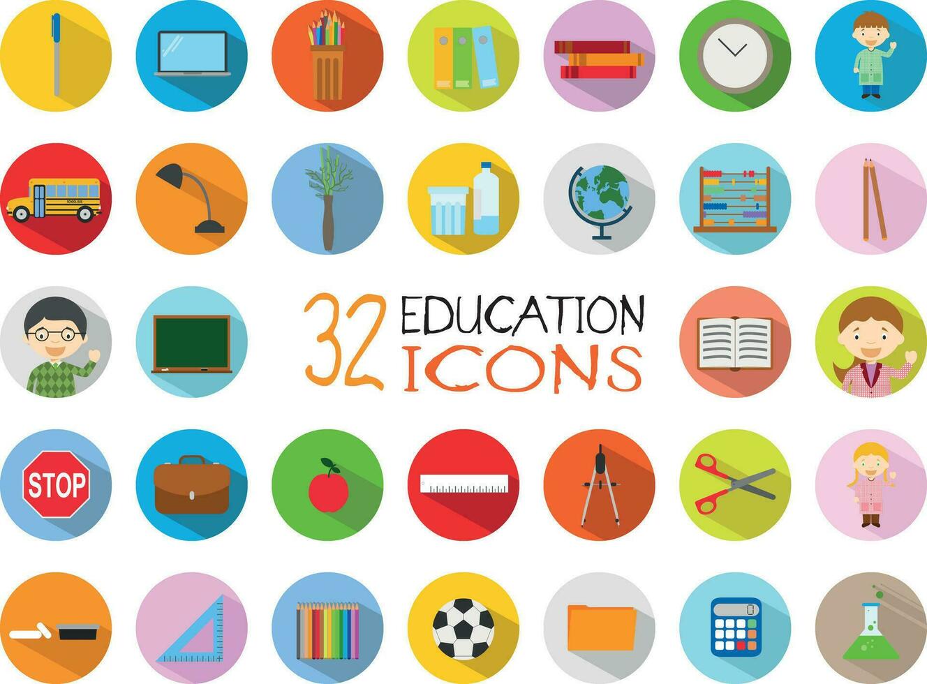 32 Education Icons Set. Colorful, flat style vector Illustration