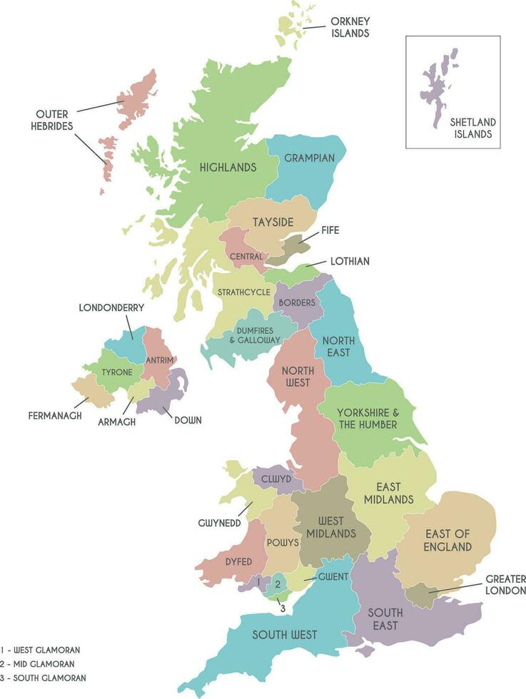 Vector map of UK with administrative divisions. Editable and clearly labeled layers.