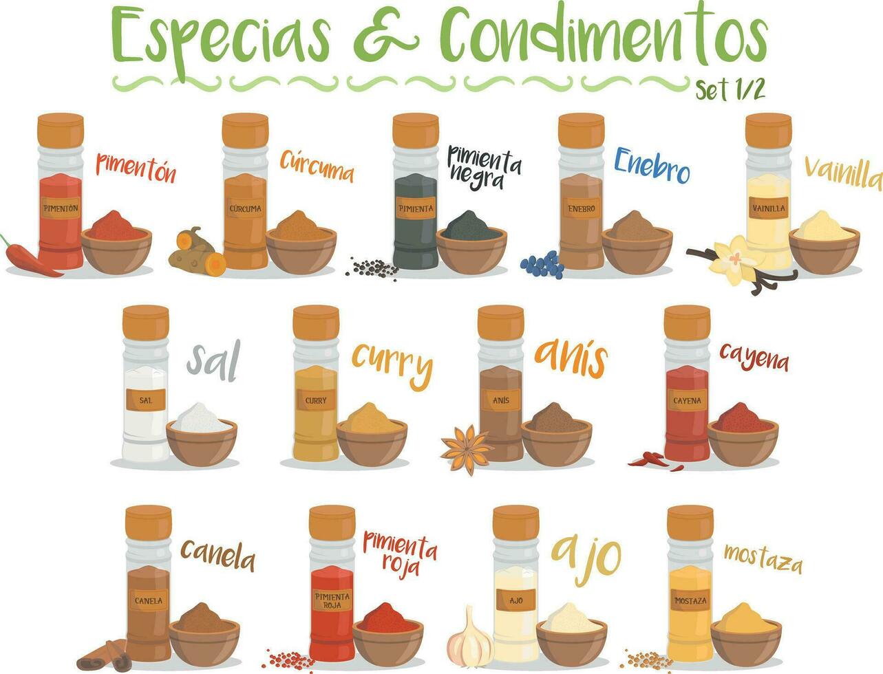 Set of 13 different culinary species and condiments in cartoon style. Set 1 of 2. Spanish names. vector