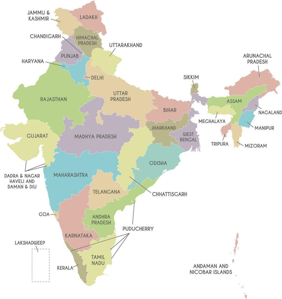 vector mapa de India con estados y territorios y administrativo divisiones editable y claramente etiquetado capas.