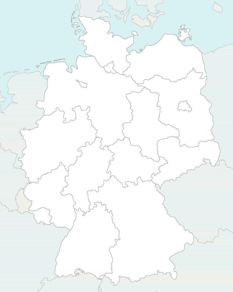 Vector blank map of Germany with federated states or regions and administrative divisions, and neighbouring countries. Editable and clearly labeled layers.