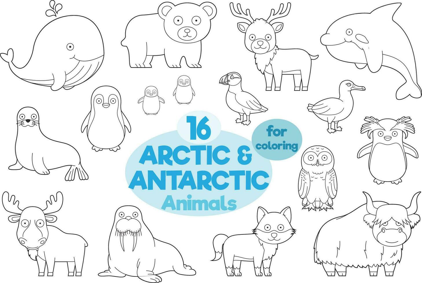 Set of 16 arctic and antarctic animals for coloring in cartoon style Vector Illustration