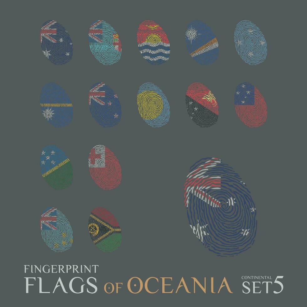 Set of 14 fingerprints colored with the national flags of the countries of Oceania. Icon set Vector Illustration.