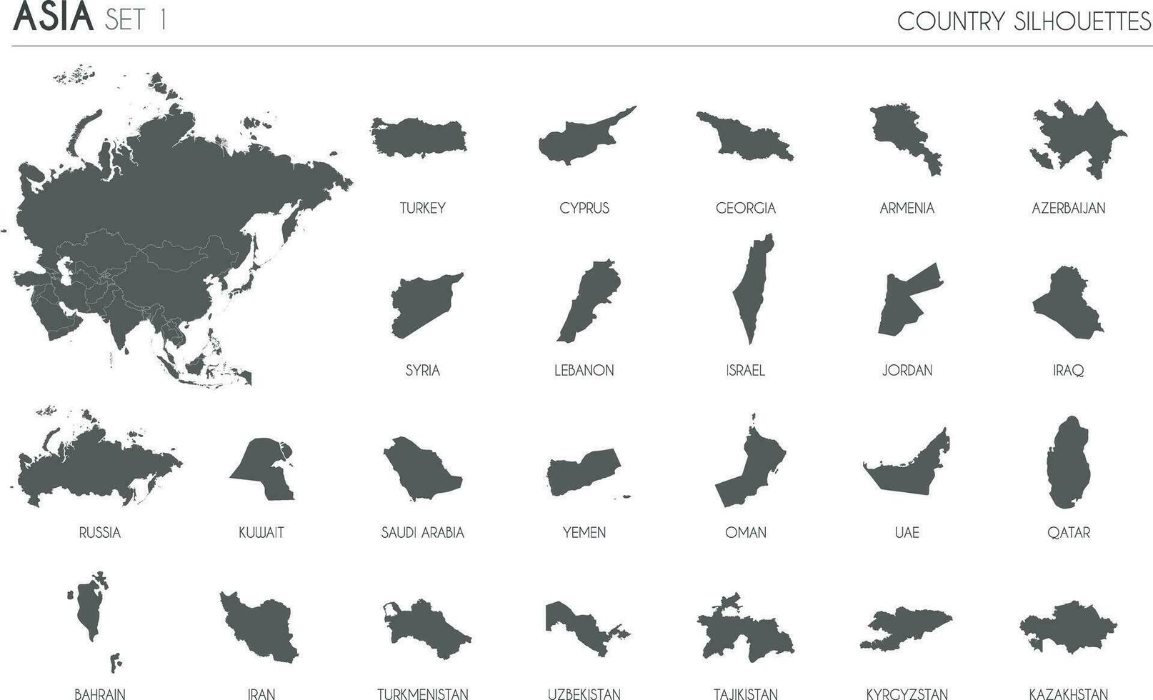 Set of 24 high detailed silhouette maps of Asian Countries and territories, and map of Asia vector illustration.