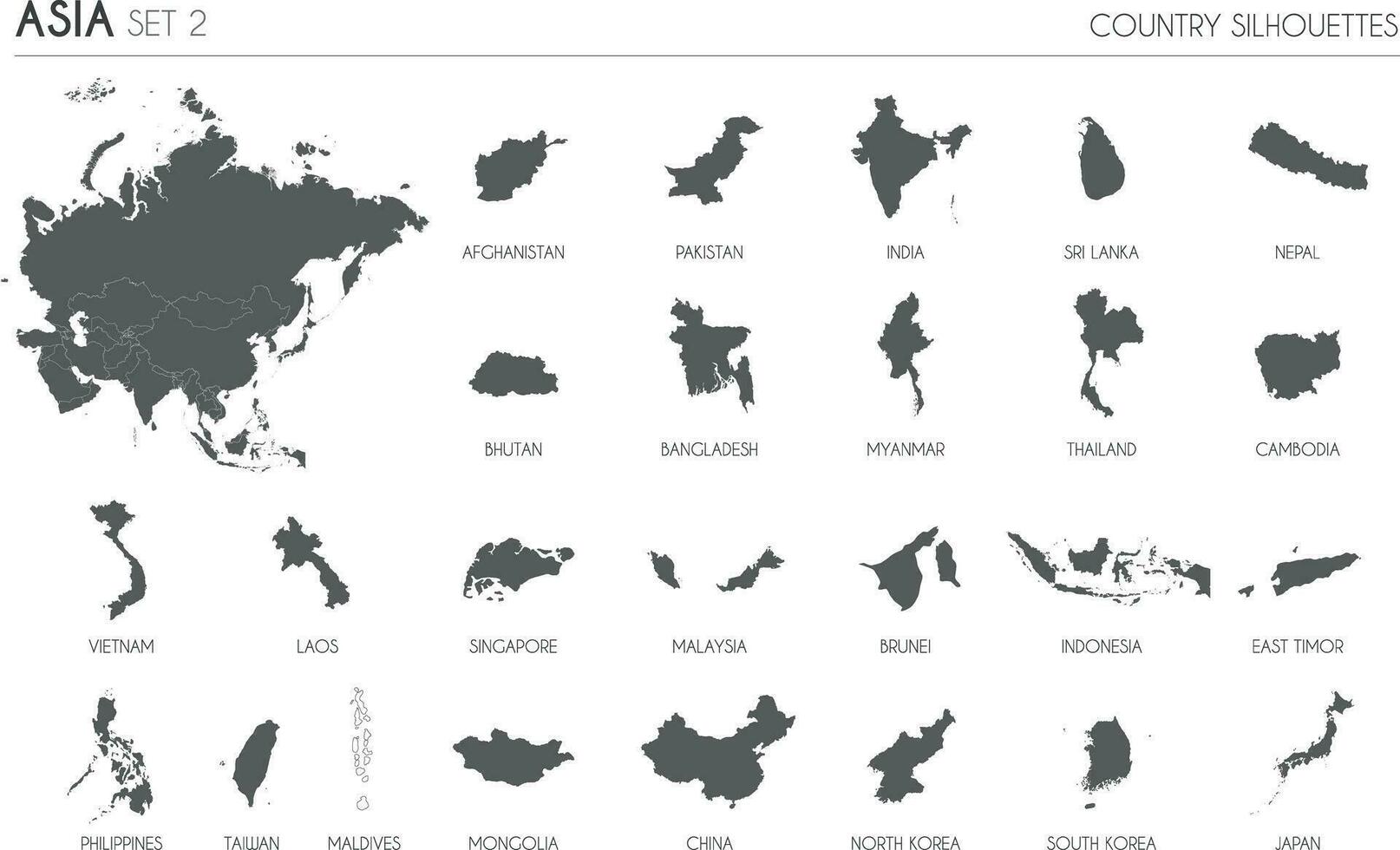 Set of 25 high detailed silhouette maps of Asian Countries and territories, and map of Asia vector illustration.