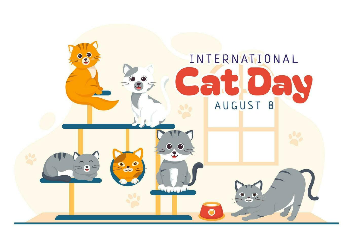 International Cat Day Vector Illustration on August 8 with Cats Animals Love Celebration in Flat Cartoon Hand Drawn Background Templates