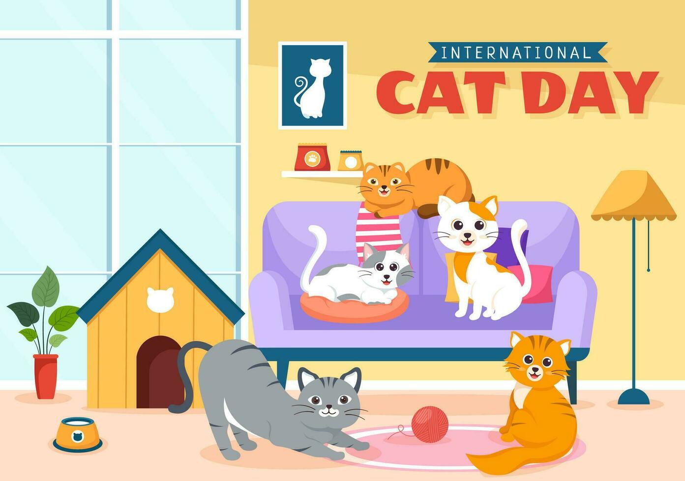 internacional gato día vector ilustración en agosto 8 con gatos animales amor celebracion en plano dibujos animados mano dibujado antecedentes plantillas